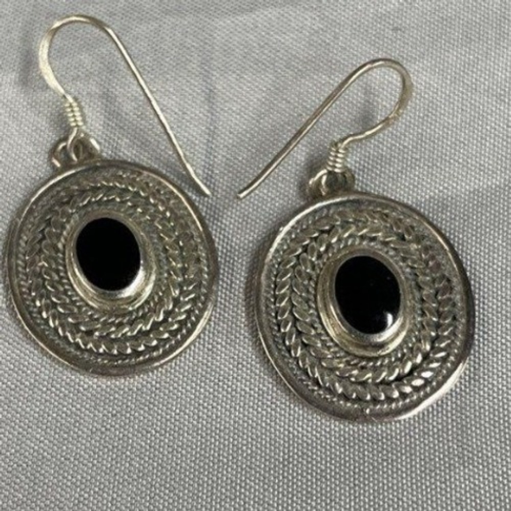 Vintage Sterling Silver 925 Black Onyx Rope Circle Drop Dangle Earrings 8g